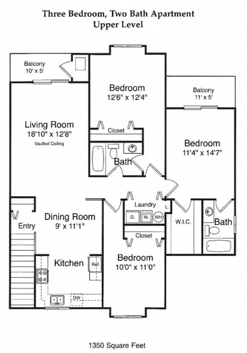 Floor plan for 3 beds, 2 baths, 1350 sqft